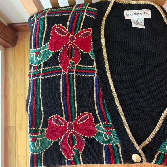 VTG 80s Norton McNaughton Ugly Christmas Cardigan Sweater Plaid Bows Wreaths L - Picture 6 of 9